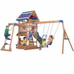 Complex Loc de Joaca Beach Front - Northbrook Wooden Swing din lemn de cedru - Centru din lemn cu tobogan si 2 nivele si Monkey Bars Backyard Discovery 
